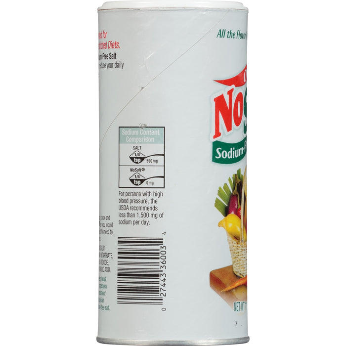 ['A can of NoSalt sodium-free salt with a nutritional comparison chart.']