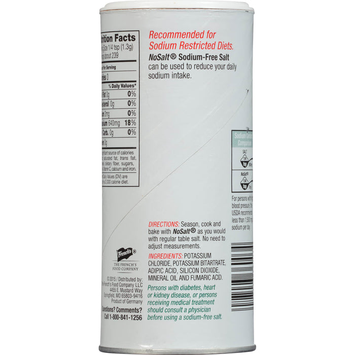 ['A container of NoSalt sodium-free salt with nutrition facts and directions for use.']