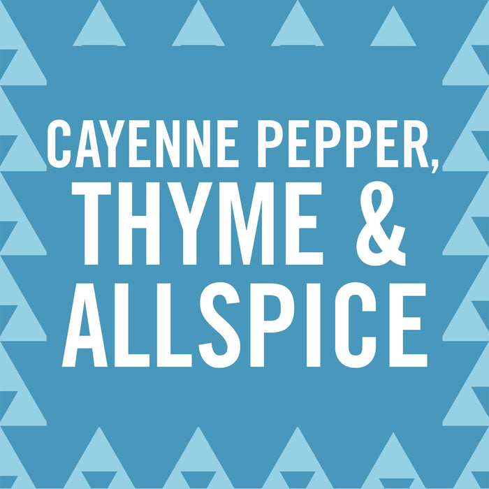 A blue background with white text that reads Cayenne Pepper, Thyme &amp; Allspice with a pattern of light blue triangles around the edges.