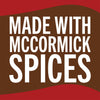 A brown and red logo with the text Made with McCormick Spices.