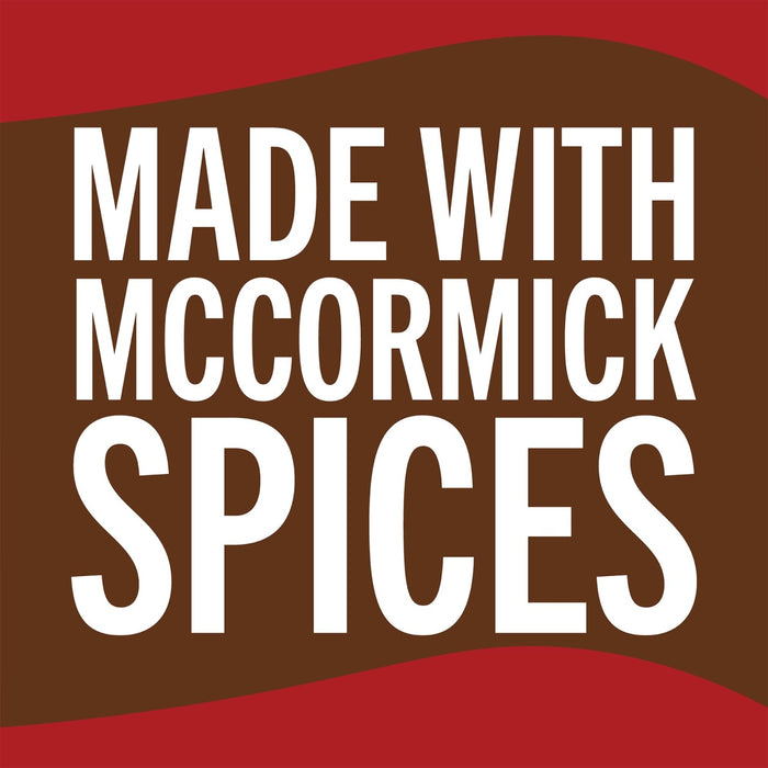 A brown and red logo with the text Made with McCormick Spices.
