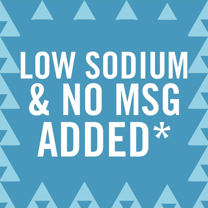 A blue background with white triangles around the edges and a white text that says LOW SODIUM &amp; NO MSG ADDED*