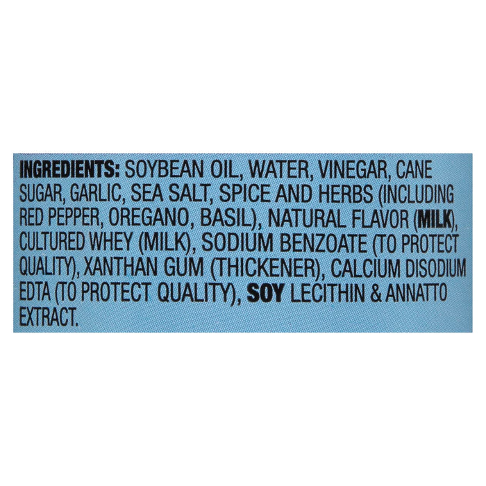 A list of ingredients for a product including soybean oil water vinegar cane sugar garlic sea salt spice and herbs.