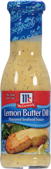 A bottle of McCormick Lemon Butter Dill Flavored Seafood Sauce.