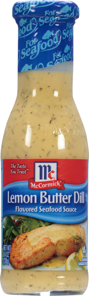 A bottle of McCormick Lemon Butter Dill Flavored Seafood Sauce.