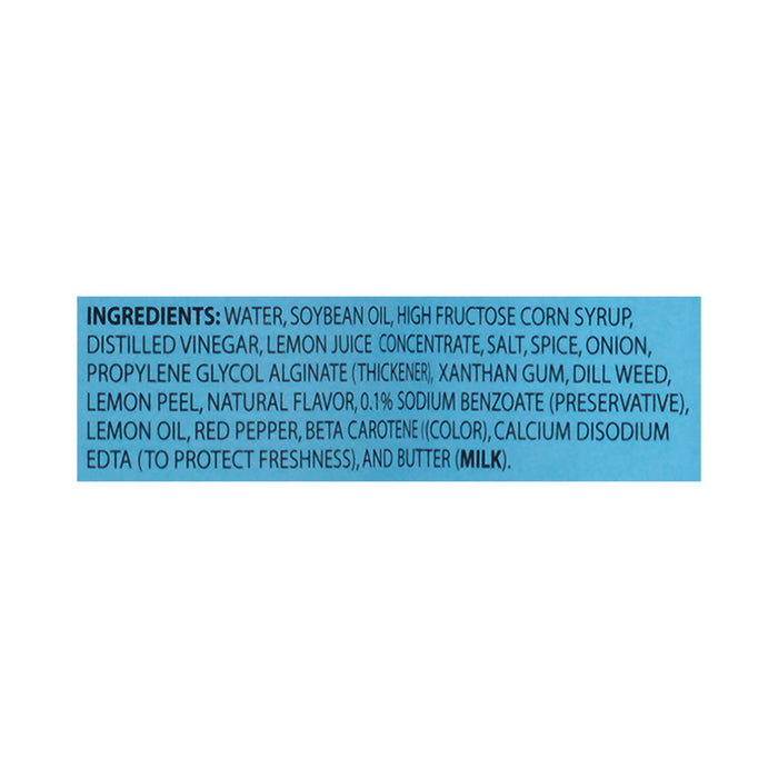 A list of ingredients for a product including water soybean oil high fructose corn syrup distilled vinegar lemon juice concentrate salt spice onion propylene glycol alginate xanthan gum dill weed lemon peel natural flavor sodium benzoate lemon oil red pepper beta carotene calcium disodium EDTA and butter.
