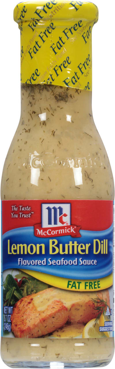 A bottle of McCormick Lemon Butter Dill Flavored Seafood Sauce fat free.