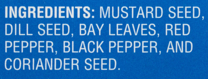 A list of ingredients for a spice blend including mustard seed dill seed bay leaves red pepper black pepper and coriander seed.