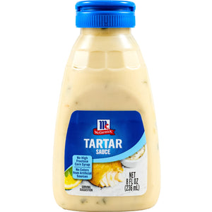 A bottle of McCormick Tartar Sauce with a blue cap and label.