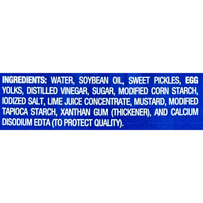 The image shows an ingredient list including water, soybean oil, sweet pickles, egg yolks, distilled vinegar, sugar, modified corn starch, iodized salt, lime juice concentrate, mustard, modified tapioca starch, xanthan gum, and calcium disodium EDTA.