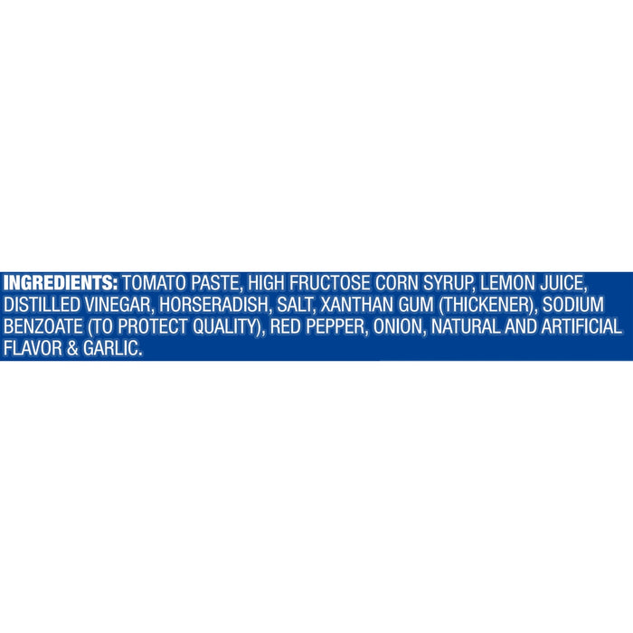 A list of ingredients for a product including tomato paste high fructose corn syrup lemon juice distilled vinegar horseradish salt xanthan gum sodium benzoate red pepper onion natural and artificial flavor and garlic.