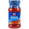 A bottle of Mccormick Cocktail Cocktail Sauce Original 8 Oz made with real horseradish and featuring a serving suggestion of shrimp on the label.