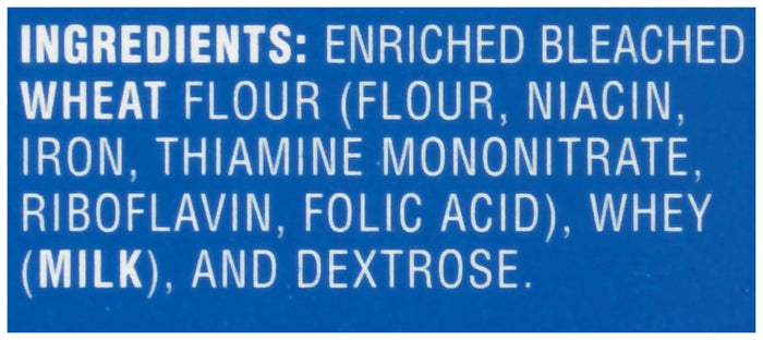 A list of ingredients for a product including enriched bleached wheat flour whey (milk) and dextrose.