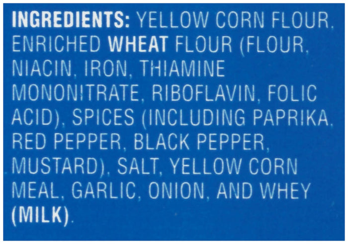 A list of ingredients for a product including yellow corn flour enriched wheat flour spices and whey.