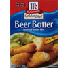 ['McCormick Golden Dipt Beer Batter Seafood Batter Mix box with a serving suggestion of fried fish.']