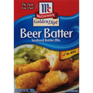 ['McCormick Golden Dipt Beer Batter Seafood Batter Mix box with a serving suggestion of fried fish.']