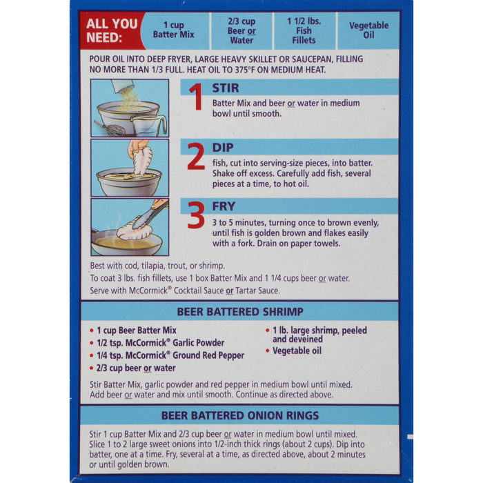 ['Instructions for making beer battered fish and shrimp with McCormick products.']