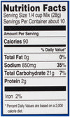 ['Nutrition facts label for a food product with 90 calories per serving.']