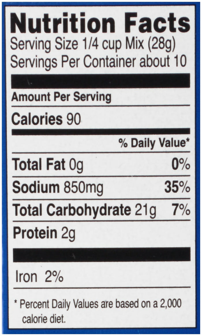 ['Nutrition facts label for a food product with 90 calories per serving.']