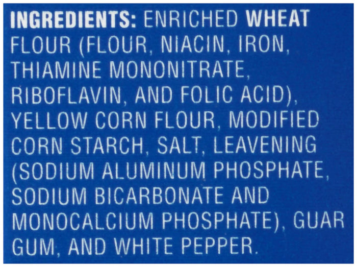 ['A list of ingredients for a product, including enriched wheat flour, yellow corn flour, and guar gum.']