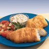 A plate of fried fish with tartar sauce and a side salad.
