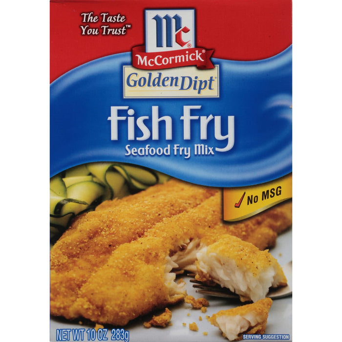 ['McCormick Golden Dipt Fish Fry Seafood Fry Mix box with a picture of fried fish.']