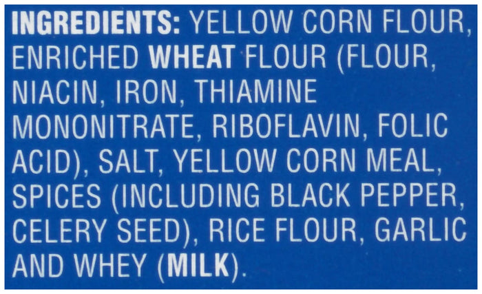 ['A list of ingredients for a product, including yellow corn flour, enriched wheat flour, salt, spices, and whey.']