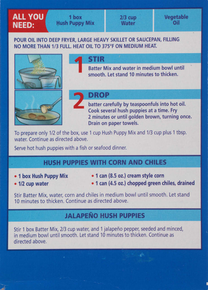 ['Instructions for making Hush Puppy cornbread with corn and chiles.']