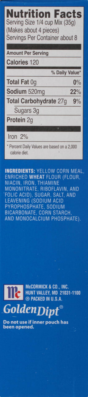 ['Nutrition facts and ingredients for McCormick Golden Dipt mix.']