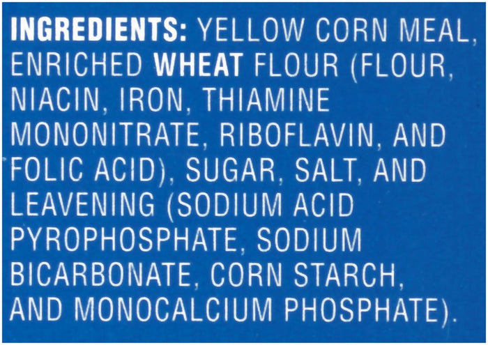 ['A list of ingredients for a product, including yellow corn meal, enriched wheat flour, sugar, salt, and leavening.']