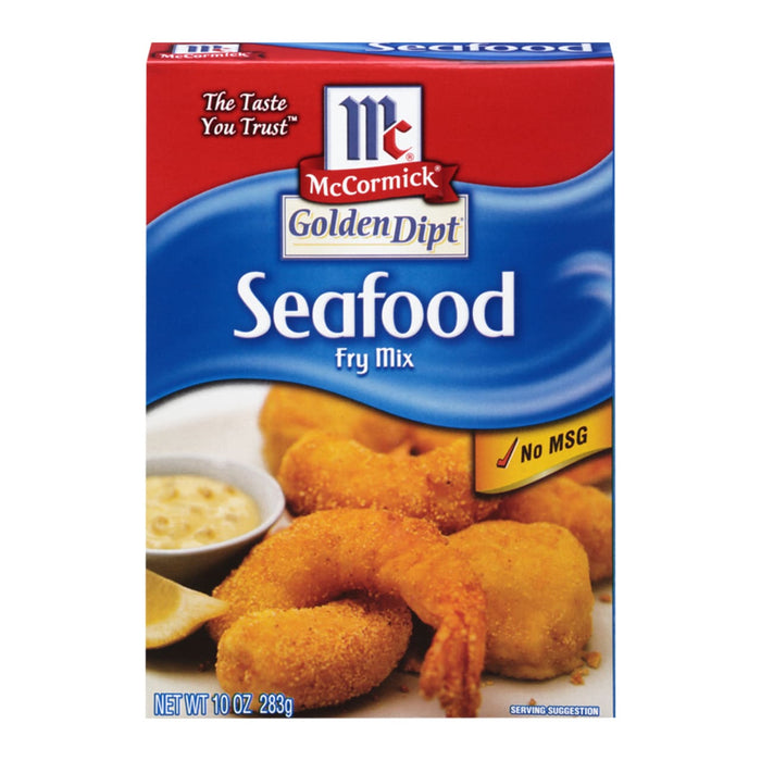 ['A box of McCormick Golden Dipt Seafood Fry Mix with a serving suggestion of fried shrimp.']