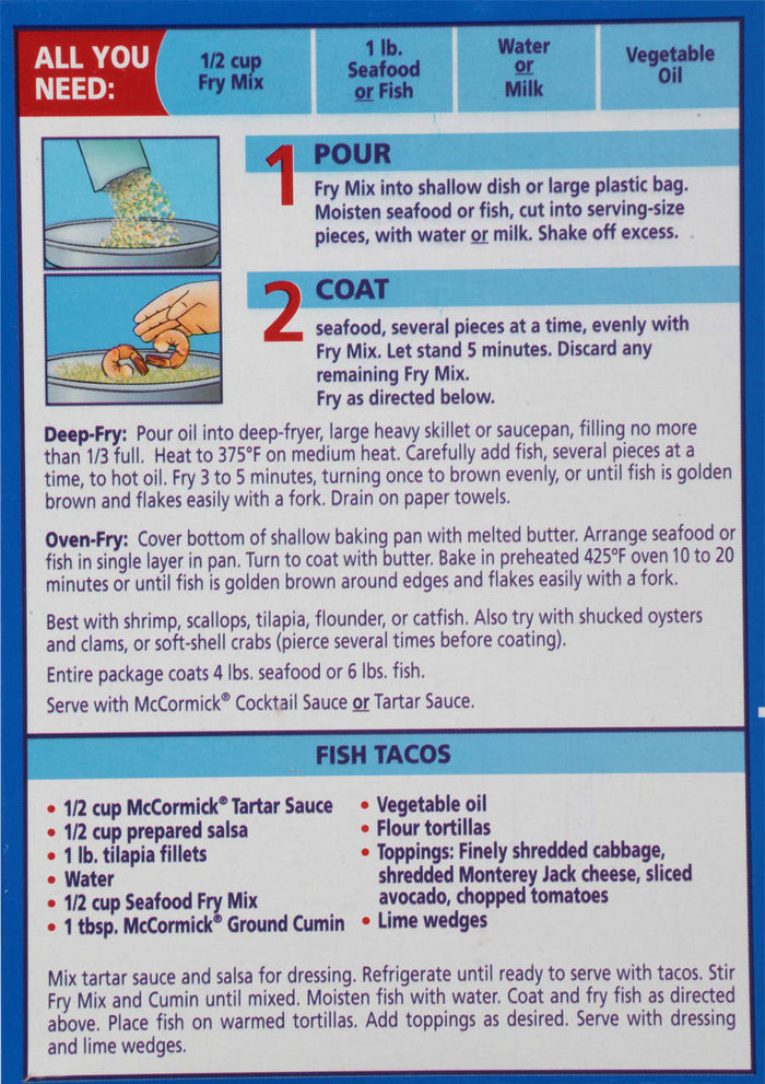 ['Instructions for preparing McCormick Seafood Fry Mix with a recipe for fish tacos.']