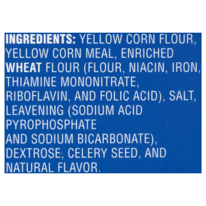 ['A list of ingredients for a product, including yellow corn flour, yellow corn meal, enriched wheat flour, salt, leavening, dextrose, celery seed, and natural flavor.']