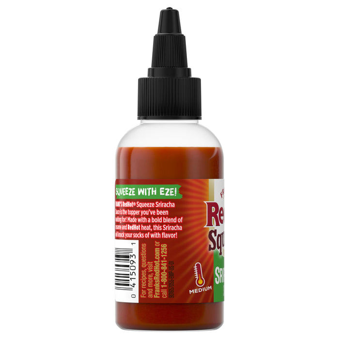 ["A bottle of Frank's RedHot Squeeze Sriracha sauce is shown, highlighting its easy-squeeze design and medium heat level."]