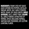 ["The image displays the ingredient list for Frank's Red Hot Sauce, including aged cayenne peppers, distilled vinegar, and soy sauce."]