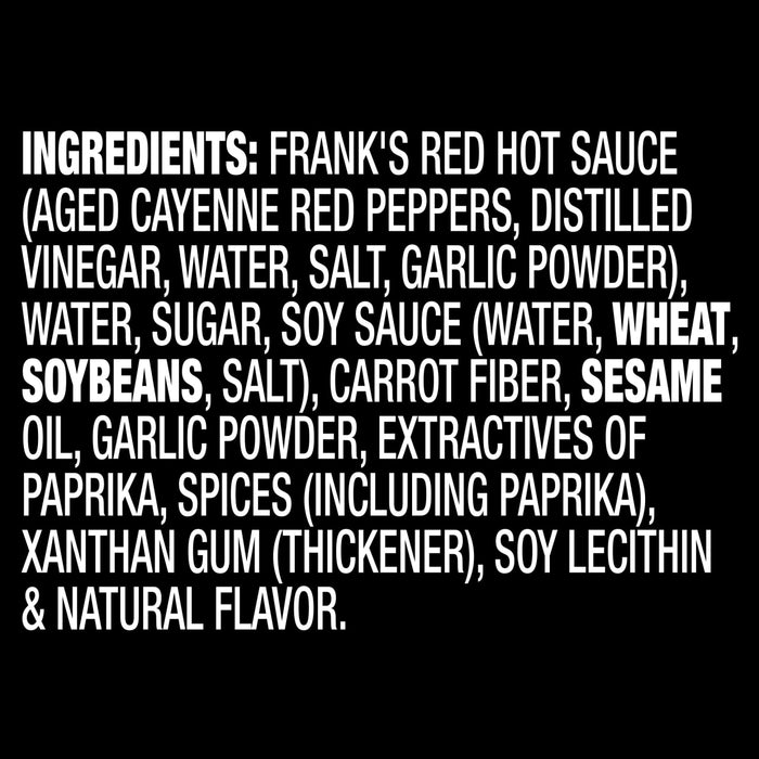 ["The image displays the ingredient list for Frank's Red Hot Sauce, including aged cayenne peppers, distilled vinegar, and soy sauce."]