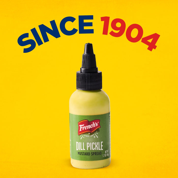 A bottle of French's Dill Pickle Mustard Spread is displayed against a bright yellow background, highlighting the brand's establishment since 1904.