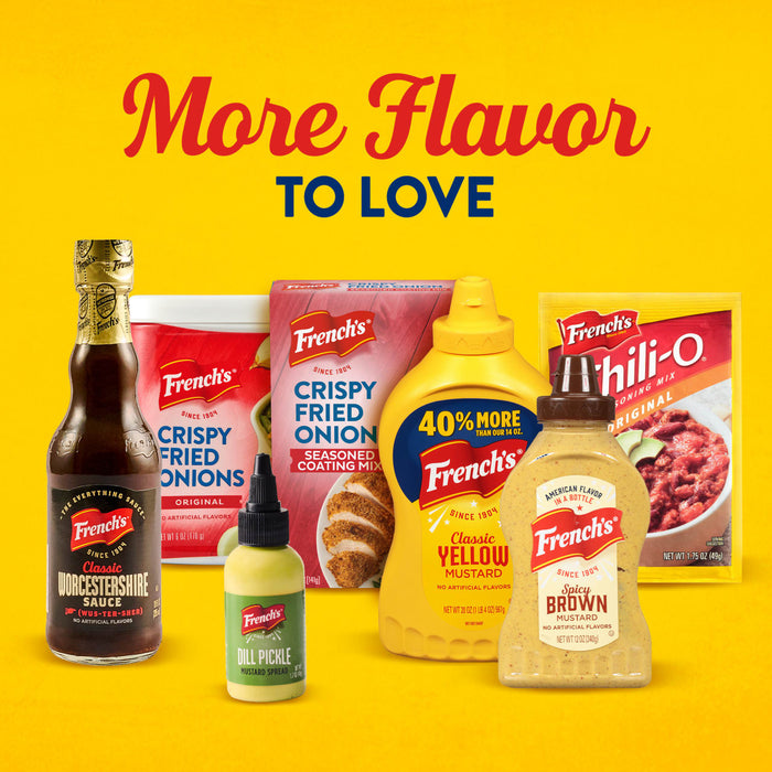 A variety of French's products are displayed, including Worcestershire sauce, crispy fried onions, dill pickle mustard spread, classic yellow mustard, spicy brown mustard, and chili-O seasoning mix.