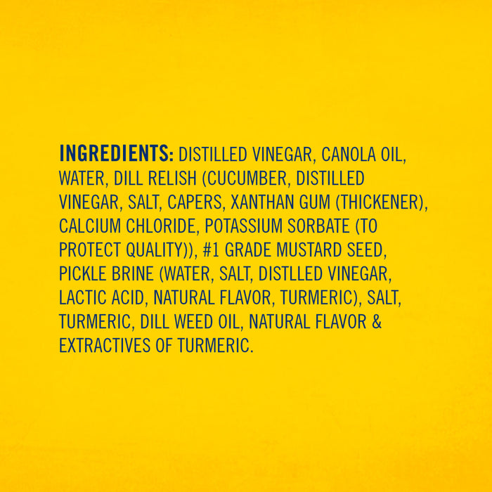 The ingredients list for Frenchs Cream Dill Pickle Mustard 1.7 Oz is displayed in blue text against a bright yellow background.