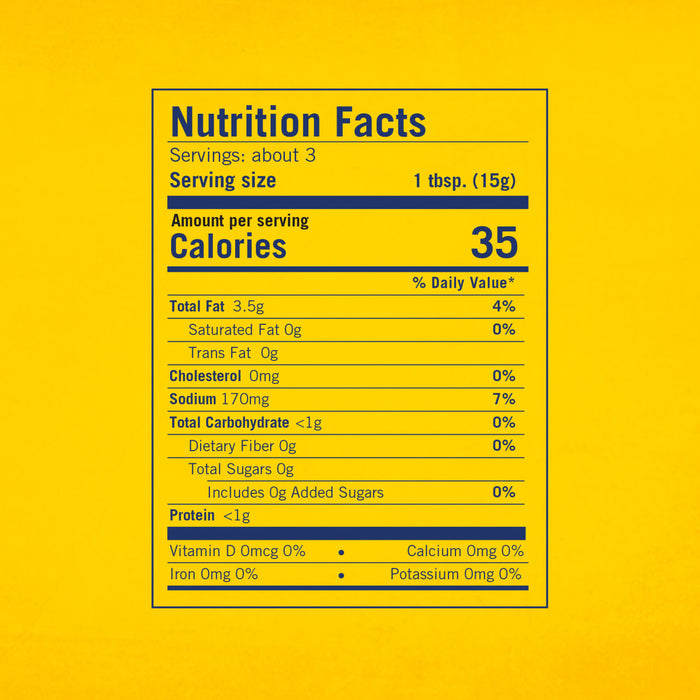The nutrition facts label for Frenchs Cream Dill Pickle Mustard 1.7 Oz, indicating that a 1-tablespoon serving has 35 calories.