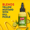A bottle of French's Dill Pickle Mustard Spread is displayed with dill pickle slices and mustard on a yellow background.