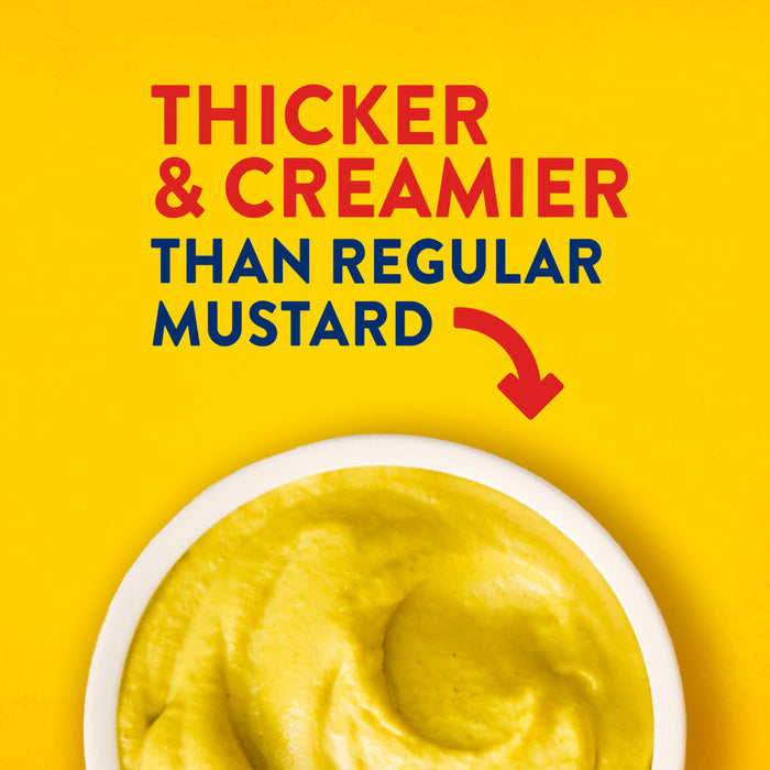 This image promotes a mustard product that is thicker and creamier than regular mustard, as indicated by the text and a bowl of the mustard.