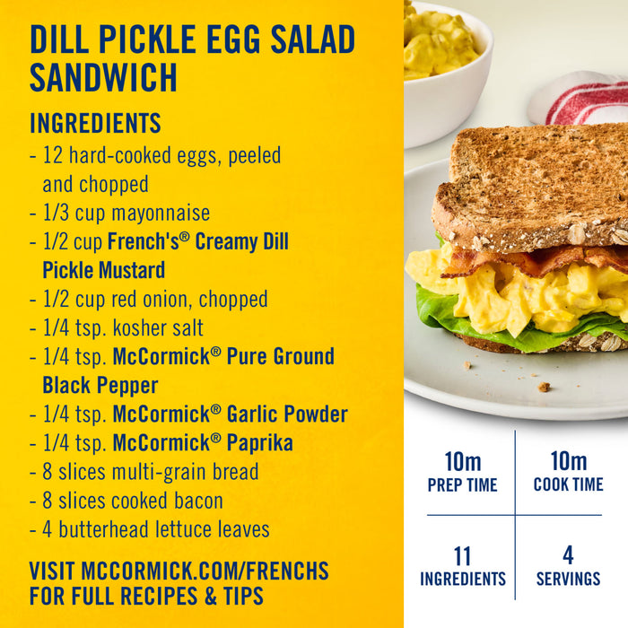 This image shows a Dill Pickle Egg Salad Sandwich recipe with McCormick and French's ingredients, including preparation and cook time, number of ingredients, and servings.