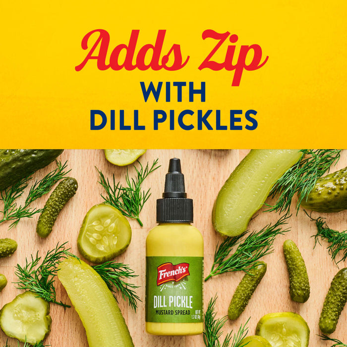 French's Dill Pickle Mustard Spread is showcased with fresh dill and pickles, emphasizing its zesty flavor.