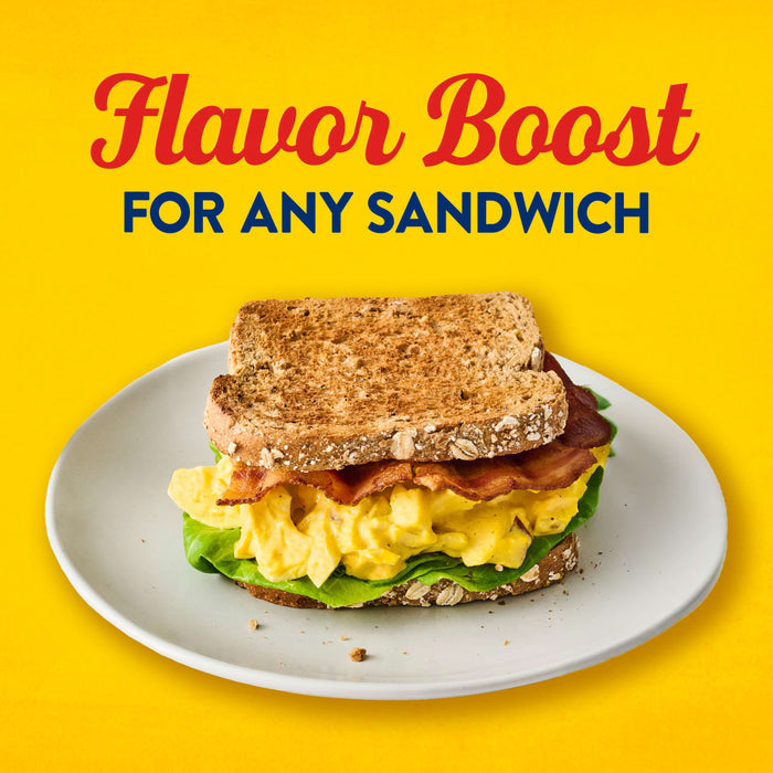 A sandwich with bacon, eggs, and lettuce is shown with the text "Flavor Boost FOR ANY SANDWICH" above it.