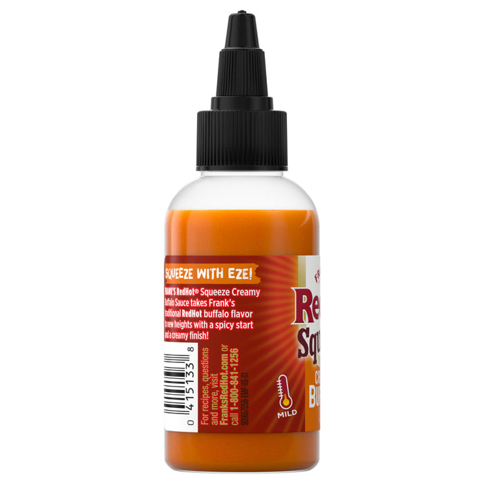 ["A bottle of Frank's RedHot Squeeze Creamy Buffalo Sauce is shown, highlighting its easy-squeeze design and mild flavor."]