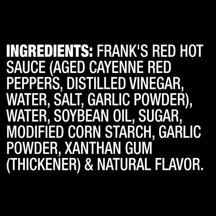 ["The image shows the ingredients list for Frank's Red Hot Sauce, including aged cayenne red peppers, distilled vinegar, water, salt, garlic powder, soybean oil, sugar, modified corn starch, xanthan gum, and natural flavor."]