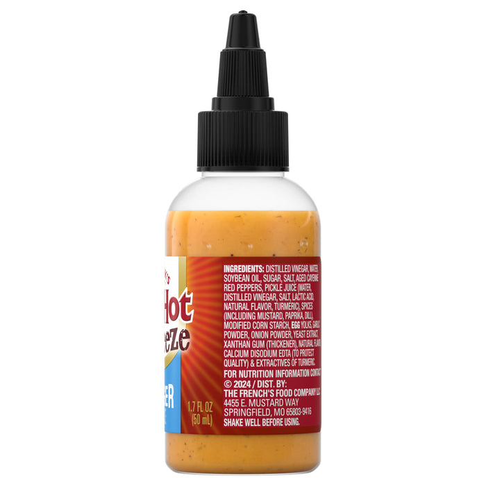 A bottle of Franks Hot Breeze sauce with the ingredients and company information listed on the label.