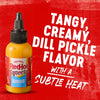 A bottle of Frank\s RedHot Squeeze Burger Sauce with a red background and text that reads Tangy Creamy Dill Pickle Flavor with a Subtle Heat.