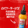 A bottle of Franks RedHot Squeeze Burger Sauce with a red background and white text that says Easy-to-use Flexible Squeeze Bottle.